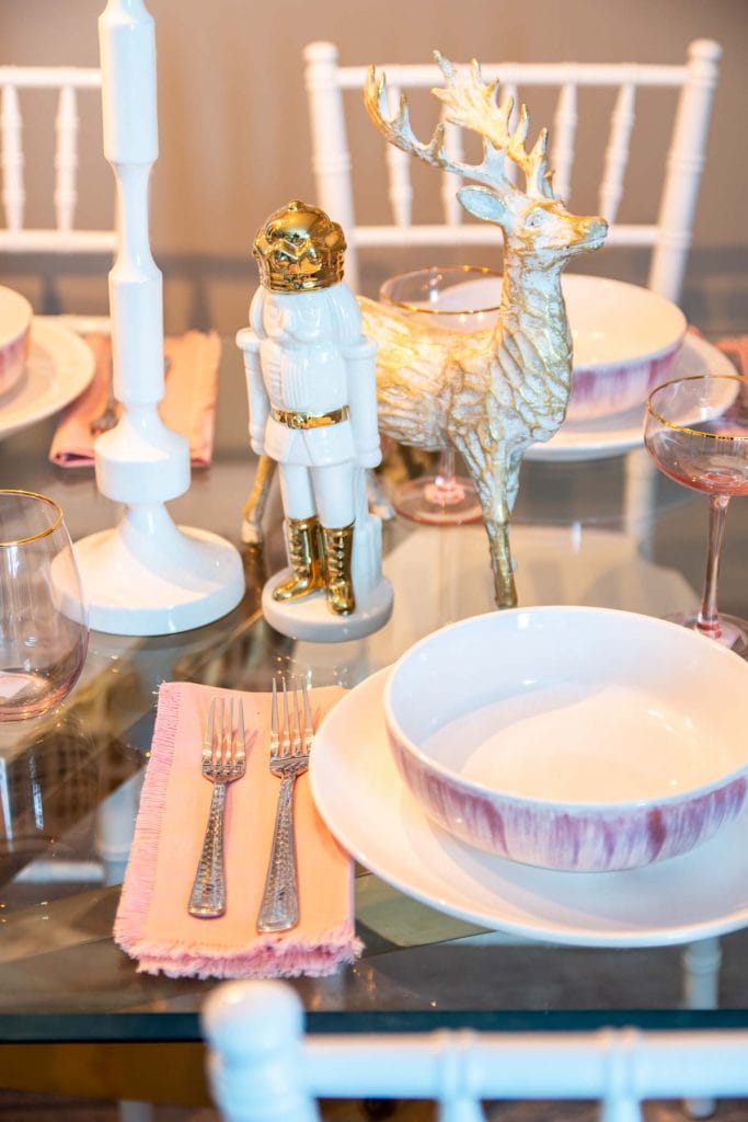 Pink and gold holiday table with At Home on Thou Swell @thouswellblog