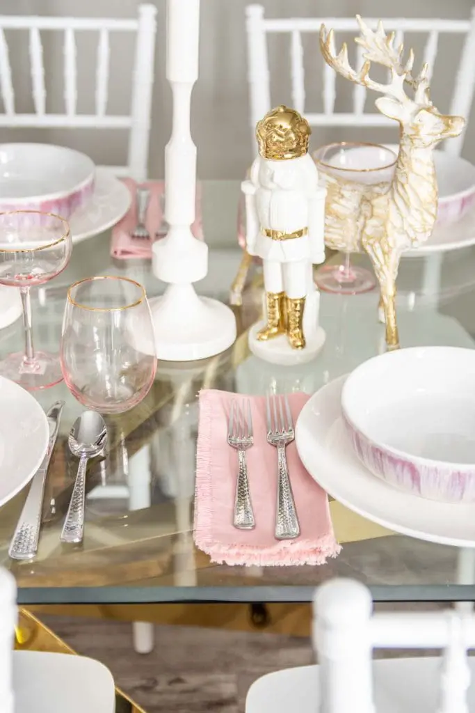 Pink and gold holiday table with At Home on Thou Swell @thouswellblog