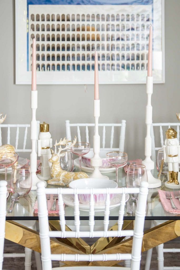 Pink and gold holiday table with At Home on Thou Swell @thouswellblog