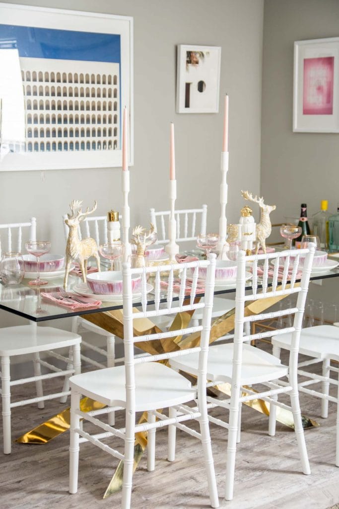 Pink and gold holiday table with At Home on Thou Swell @thouswellblog