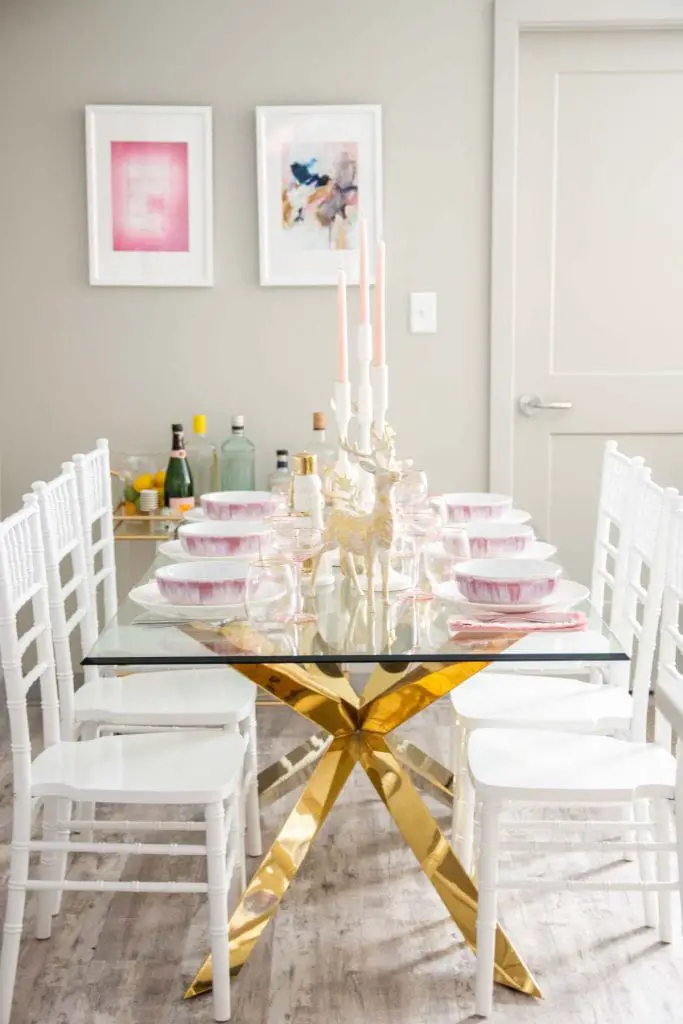 Pink and gold holiday table with At Home on Thou Swell @thouswellblog
