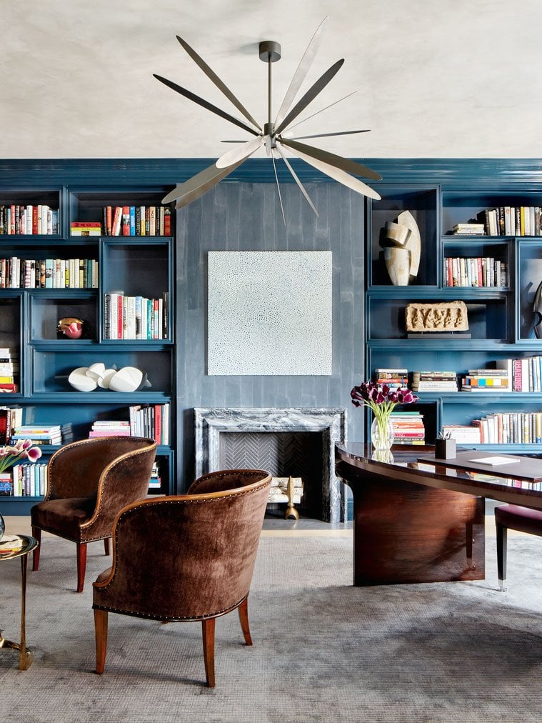 Moody study home office with blue lacquer bookshelves and modern chandelier from Luxe Magazine on Thou Swell @thouswellblog