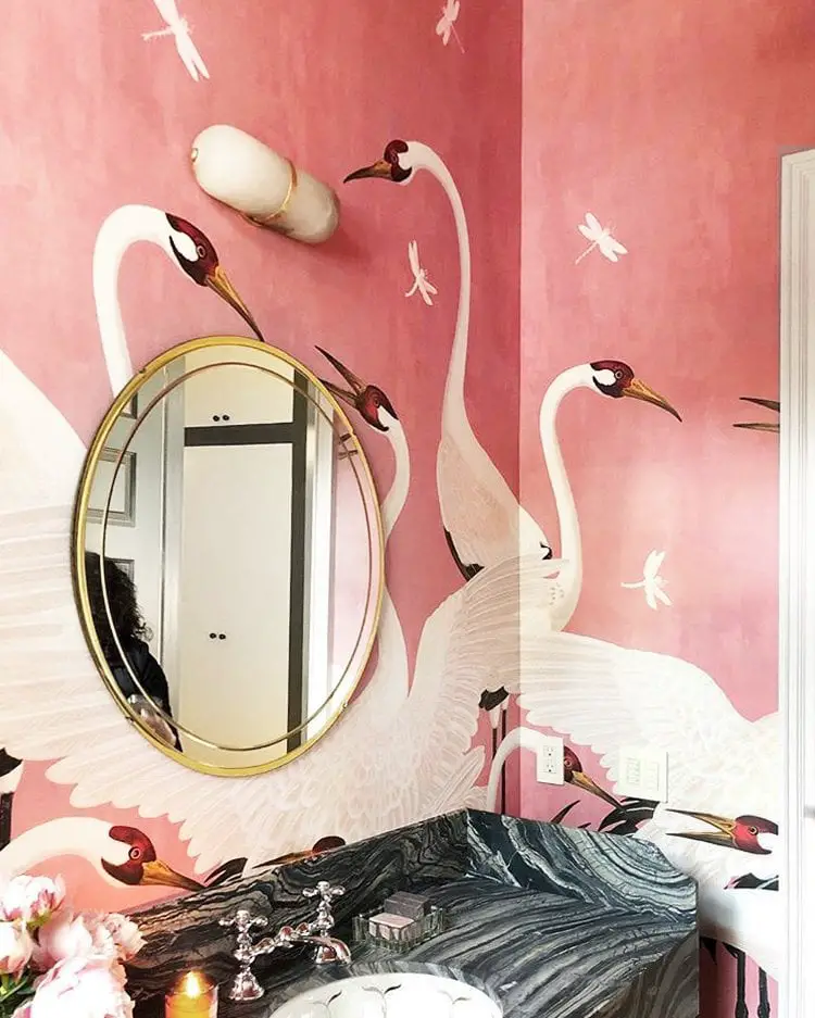 Pink heron Gucci wallpaper in Susan Petersen's bathroom on Thou Swell @thouswellblog