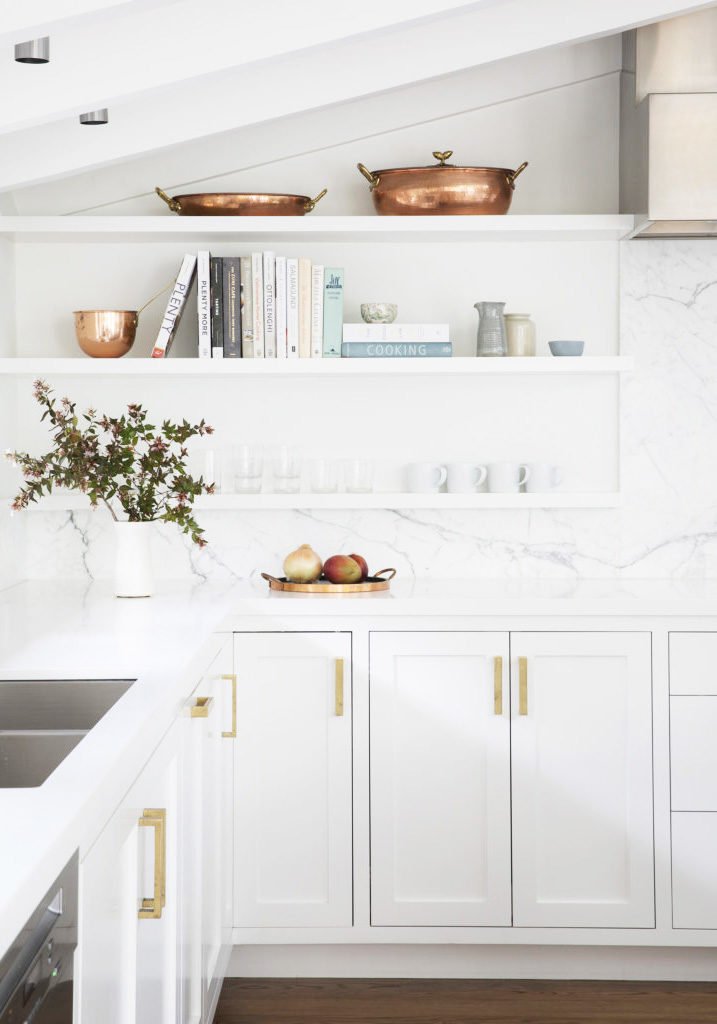 Minimal white kitchen styling with copper pots on Thou Swell @thouswellblog