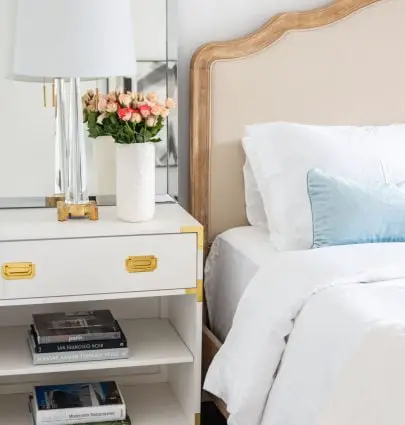 A serene master bedroom design reveal with French-style bed and campaign nightstands with Home Depot on Thou Swell @thouswellblog