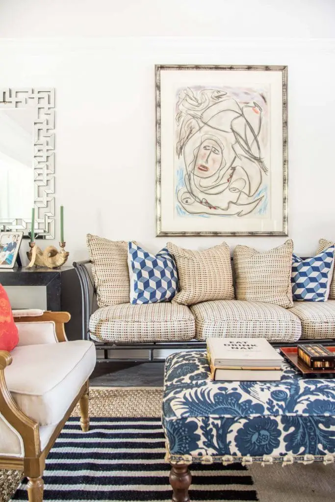 A first look at the living room with Nourison striped wool rugs by Calvin Klein in Buckhead living room on Thou Swell @thouswellblog