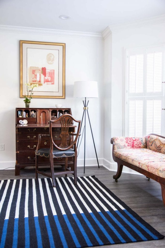 A first look at the living room with Nourison striped wool rugs by Calvin Klein in Buckhead living room on Thou Swell @thouswellblog