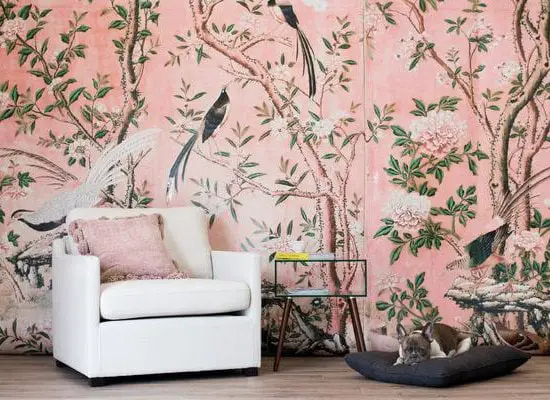 Pink floral landscape with trees and birds Chinoiserie wallpaper mural on Thou Swell @thouswellblog