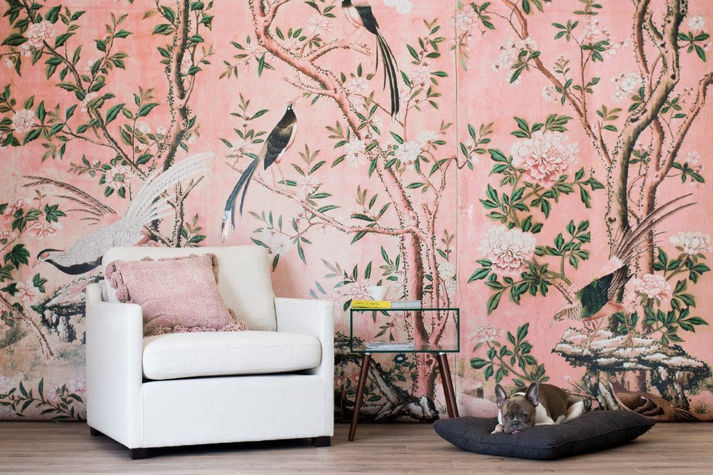 Pink landscape floral mural with trees and birds on Thou Swell #wallmural #pinkmural #landscapemural