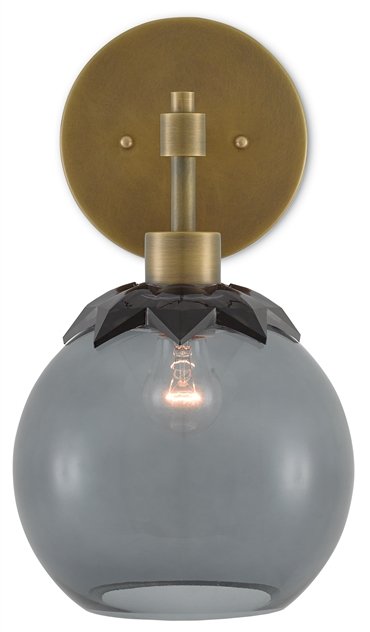 Sozanni wall sconce with smoky grey glass and brass backplate by Denise McGaha for Currey & Company on Thou Swell #homedecor #lighting #lightingdesign