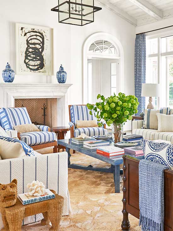 Blue and white striped living room in Palm Beach on Thou Swell #hometour #palmbeach #livingroom #coastaldecor