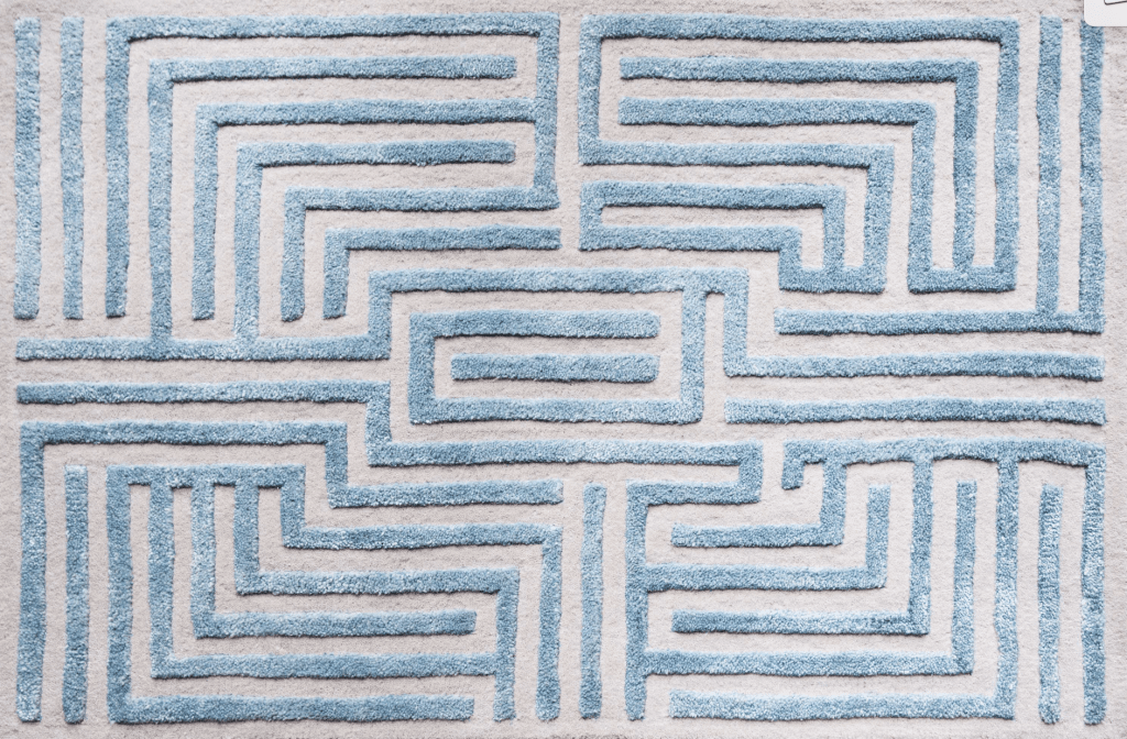 Kevin Francis Design Knossos Sky blue tufted maze area rug on Thou Swell #arearug #rugdesign #mazerug #bluerug