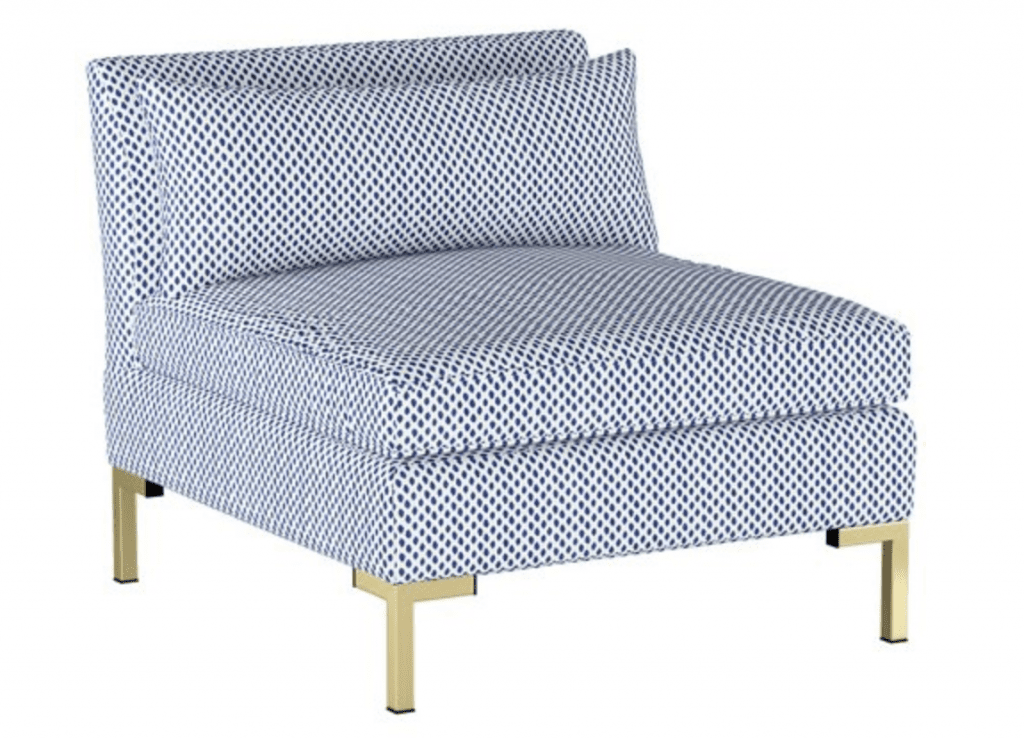 Blue navy dots slipper chair with gold legs on Thou Swell #slipperchair #bluechair #dotschair