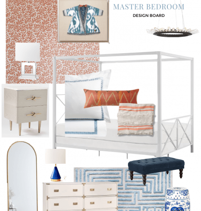 Master bedroom design board with coral wallpaper, blue and white decor, and white canopy bed on Thou Swell #bedroom #bedroomdesign #designboard #interiordesign