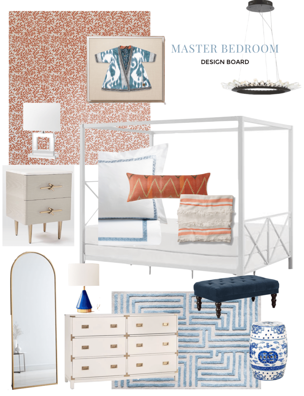 INVITATION HOMES: MASTER BEDROOM DESIGN 7 Master bedroom design board with coral wallpaper, blue and white decor, and white canopy bed on Thou Swell #bedroom #bedroomdesign #designboard #interiordesign