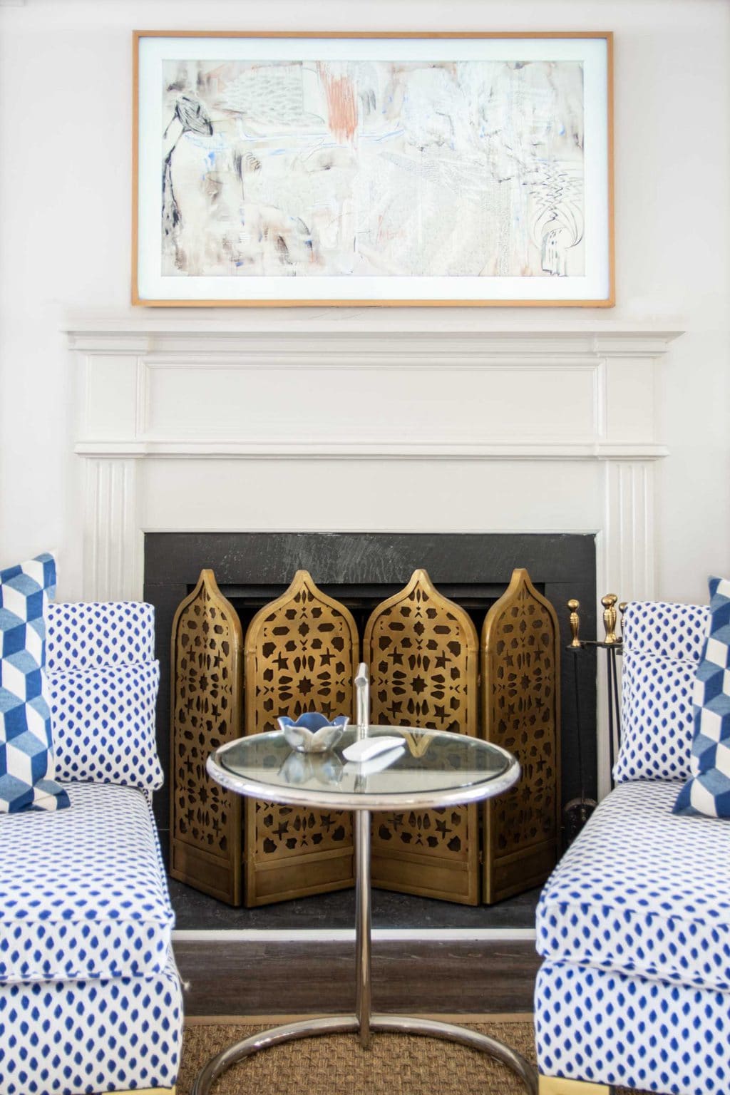 ONE ROOM CHALLENGE: DOVE HILL DESIGN PLANS 19 Navy dot slipper chairs in white living room with Moroccan fireplace screen on Thou Swell #livingroom #livingroomdesign #fireplacedesign