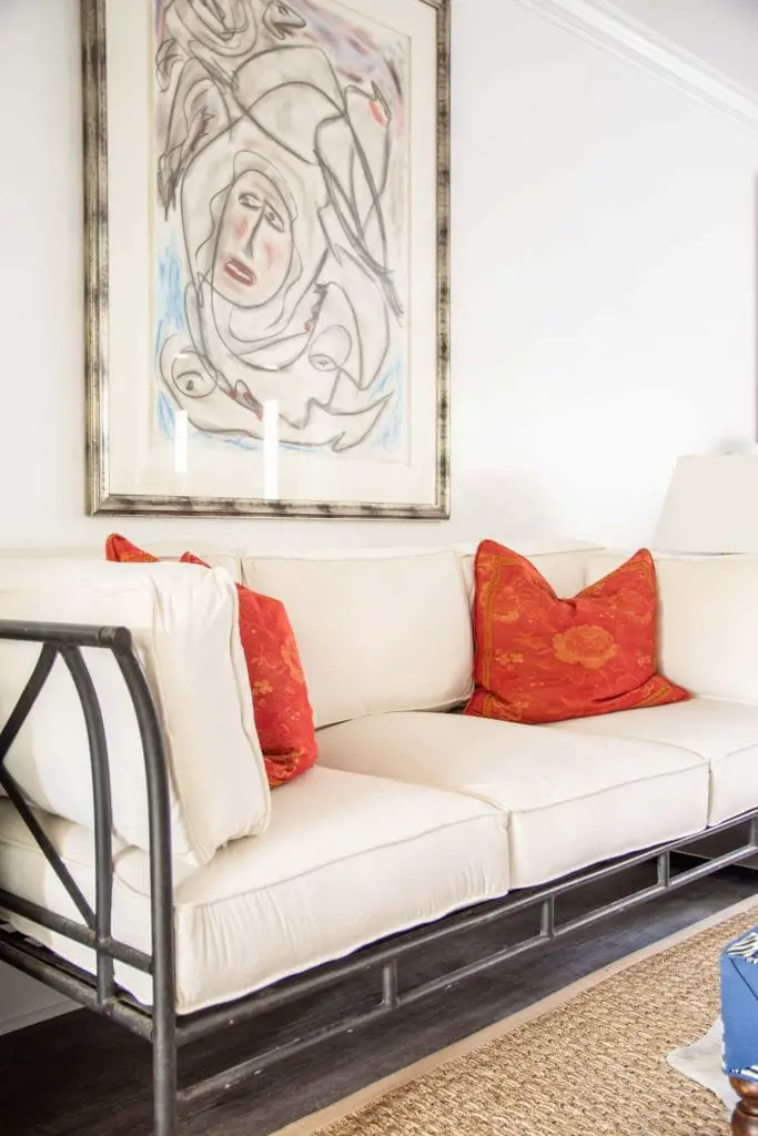 Cream velvet sofa upholstery in One Room Challenge living room design on Thou Swell #oneroomchallenge