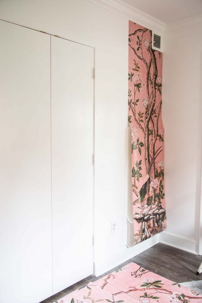 Pink floral landscape mural installation in entryway on Thou Swell #mural #muralinstall #wallpaper #wallpaperinstall #entryway