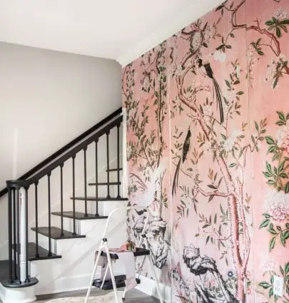 Pink floral landscape mural installation in entryway on Thou Swell #mural #muralinstall #wallpaper #wallpaperinstall #entryway