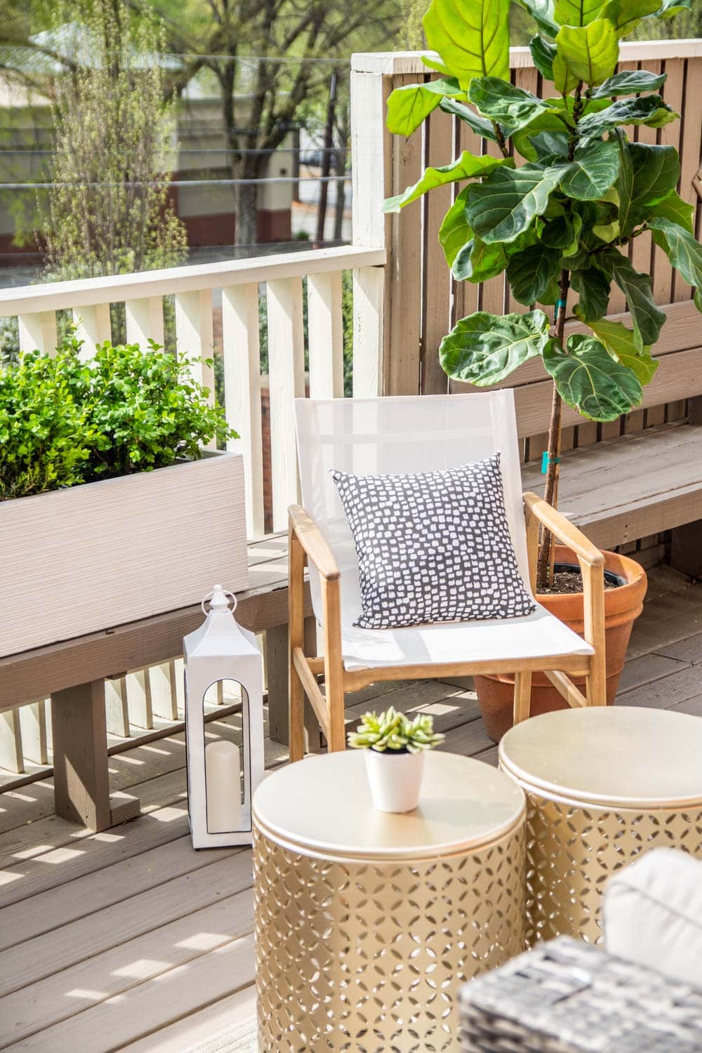 DOVE HILL DECK REVEAL WITH AT HOME 20 Outdoor deck design with At Home with scalloped umbrella, blue and white stripes, gold tables, and Chilewich mat on Thou Swell #deck #deckdesign #deckdecor #outdoordecor #outdoorfurniture #outdoordesign