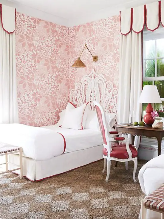 Red and pink girls bedroom with twin beds by Miles Redd in Bahamas home tour on Thou Swell #kidsbedroom #kidsroom #girlsbedroom #twinbedroom #twinbeds #bedroom #bedroomdesign #milesredd