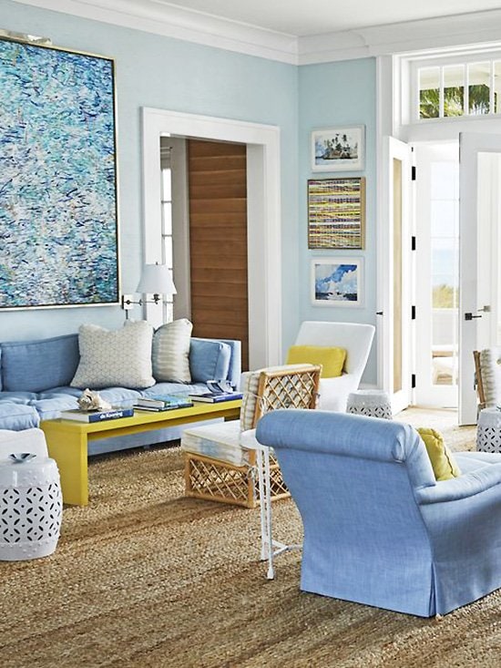 Miles Redd living room design in Bahamas home tour with blue and yellow decor on Thou Swell #livingroom #livingroomdesign #milesredd #bahamas #bluedecor #blueandyellow #coastaldesign #coastaldecor #interiordesign