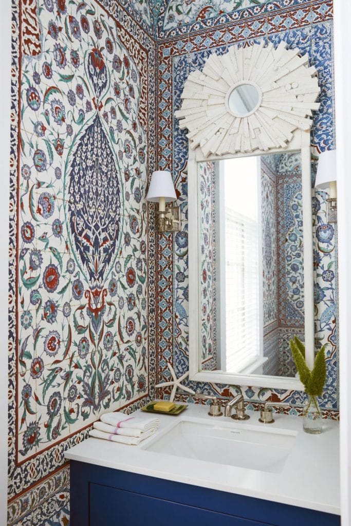 Turkish tiles wallpaper pattern in a Miles Redd powder room in the Bahamas on Thou Swell #powderroom #bathroom #wallpaper #turkish #tiles #milesredd