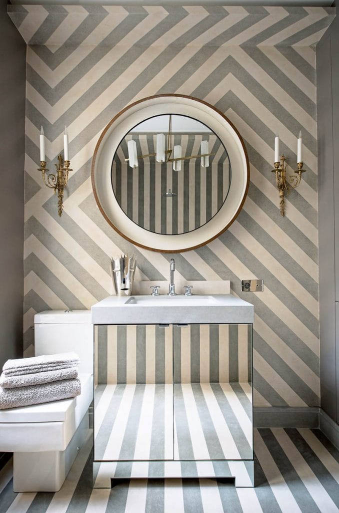 Cream and grey stone striped bathroom design by Jean-Louis Deniot on Thou Swell #bathroom #bathroomdesign #jeanlouisdeniot #stripes #stripedwalls #moderndesign #interiordesign