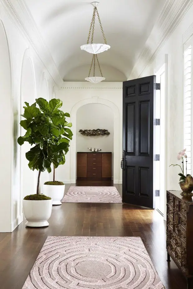 Traditional entryway by Carrier & Company with pink Amiens maze rug designs in Peony by Kevin Francis Design on Thou Swell #arearug #rug #rugdesign #mazerug #maze #luxuryrug #tuftedrug #woolrug #patternedrug #homedecor #homedecorideas #luxurydesign
