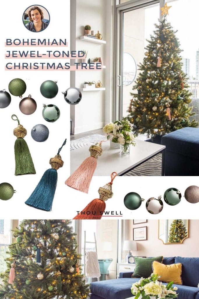 Jewel-tone Christmas tree holiday decor with tassels and boho style from SmithHönig in apartment living room by Kevin O'Gara on Thou Swell #christmas #christmastree #christmasdecor #holidaydecor #bohodecor #bohochristmas #tassels #smithhonig #apartment #apartmentdecor #livingroomdesign