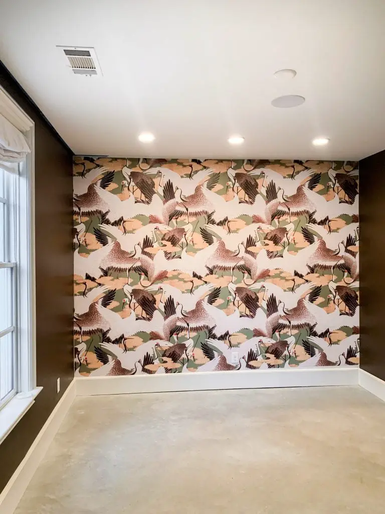 Apartment study wallpaper install with Cranes by Milton and King on Thou Swell #study #studydesign #apartmentdesign #apartment #wallpaper #wallpaperinstall #miltonandking #cranes