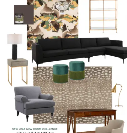 Apartment study design board with crane wallpaper, antelope rug, and black sectional by Kevin O'Gara on Thou Swell #interiordesign #designboard #roomdesign #studydesign #librarydesign #homedesign
