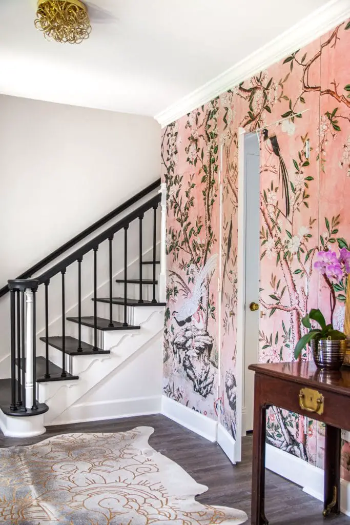 Dove Hill entryway pink chinoiserie Magnolia mural by Anewall on Thou Swell #entryway #wallpaper #mural #pinkmural #chinoiserie #entry #entryway
