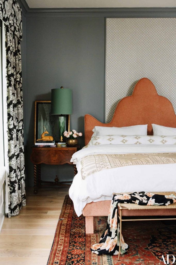 Green grey bedroom design in Nashville with orange headboard and green lampshade on Thou Swell #bedroom #bedroomdesign #nashville #homedesign #homedecor