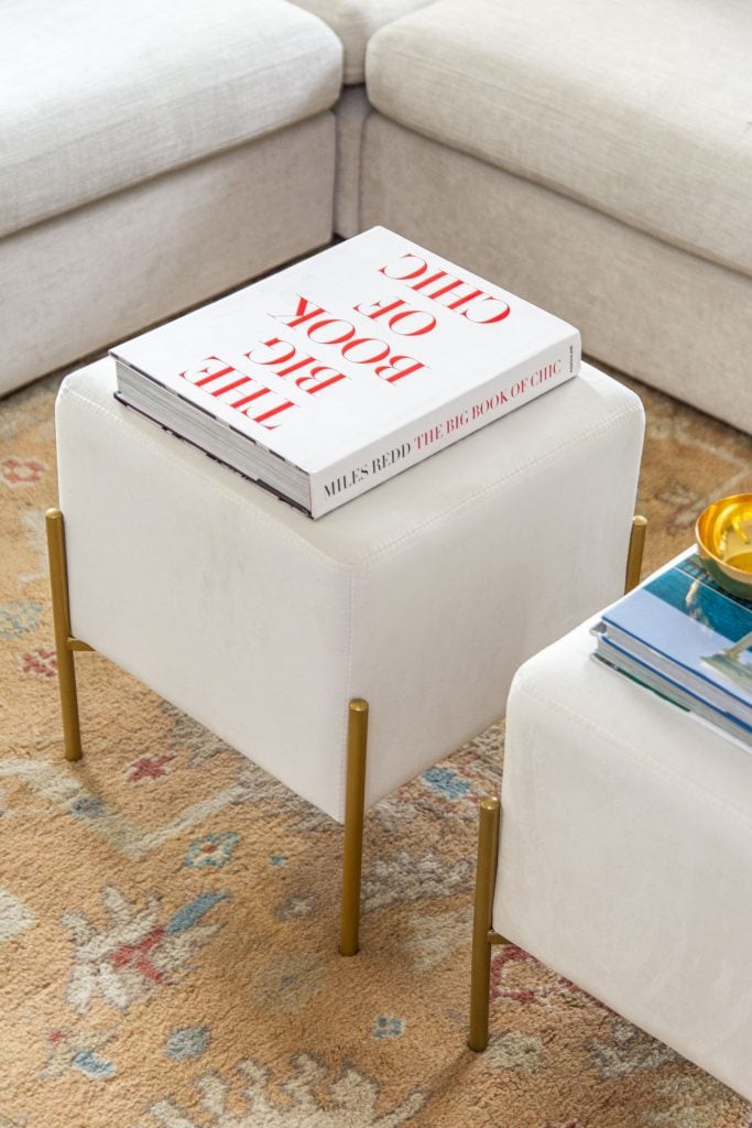 Modern living room accents from AllModern with cream velvet ottoman stools, grey velvet bucket chair, and vintage Turkish rug by Kevin O'Gara on Thou Swell #livingroom #livingroomdecor #modernaccents #allmodern #decor #homedecor #homedesign #livingroomdesign #interiordesign