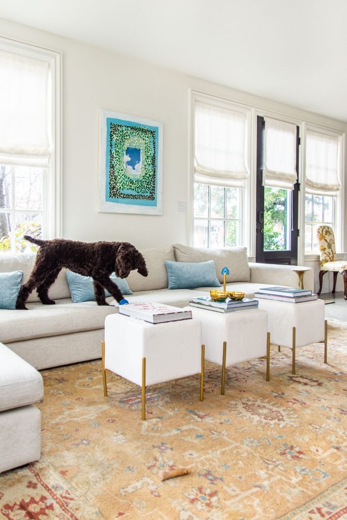 Modern living room accents from AllModern with cream velvet ottoman stools, grey velvet bucket chair, and vintage Turkish rug by Kevin O'Gara on Thou Swell #livingroom #livingroomdecor #modernaccents #allmodern #decor #homedecor #homedesign #livingroomdesign #interiordesign