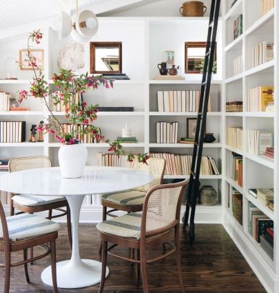 NEW VIDEO: HUGE HOME DECOR ACCESSORY HAUL 5 Bookshelves with ladder, shelf styling in dining nook with tulip table and home decor accessories on Thou Swell #shelfladder #bookshelves #builtinshelves #shelfstyling #homedecor #homedecorideas #decorhaul