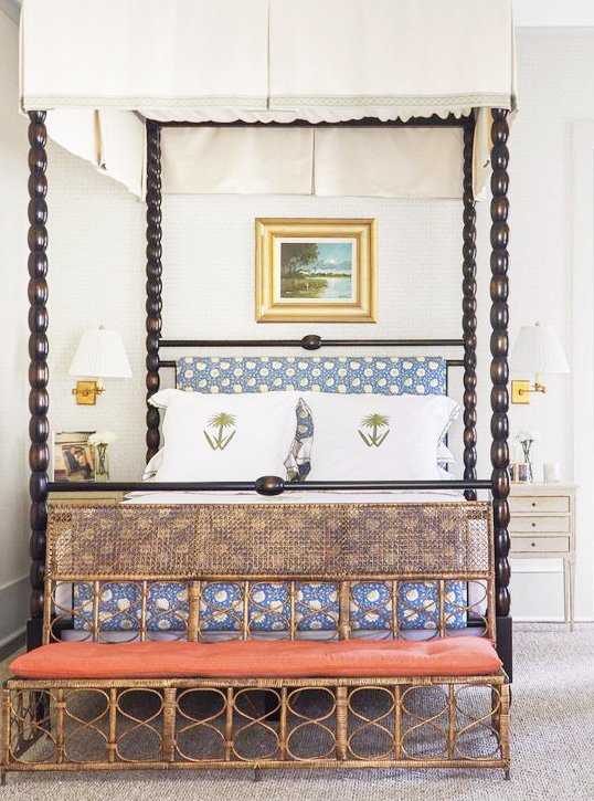 Master bedroom canopy bed in a tropical house in South Carolina full of wallpaper, Southern home tour on Thou Swell #tropicalhouse #tropicalwallpaper #wallpaper #southernhouse #homedecor #homedesign #housetour #interiordesign