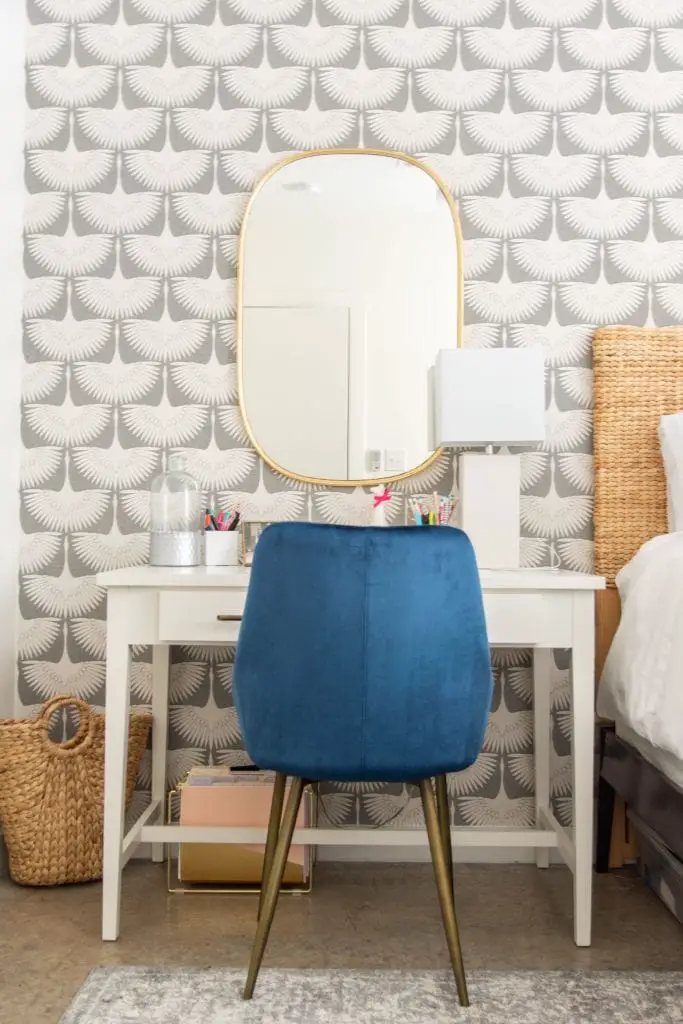 Back to class college bedroom dorm decor interior design inspiration with grey bird wallpaper, blue decor, retro mini-fridge, and modern style on Thou Swell #backtoclass #homedepot #homedepotxbacktoclass #homedepotpartner #dormdecor #dormstyle #collegestyle #collegedorm #collegebedroom #apartment #apartmentdecor #bedroomdecor #bedroomdesign #dormdesign