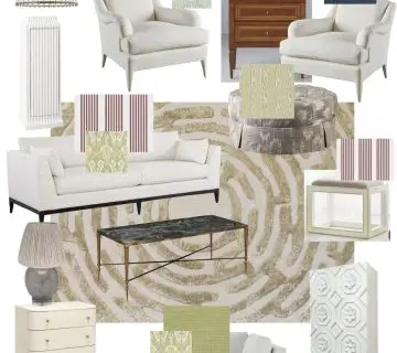 Living room design board for the One Room Challenge by Kevin O'Gara with mix of traditional and contemporary design, tufted rug, striped sofa, and velvet chairs on Thou Swell