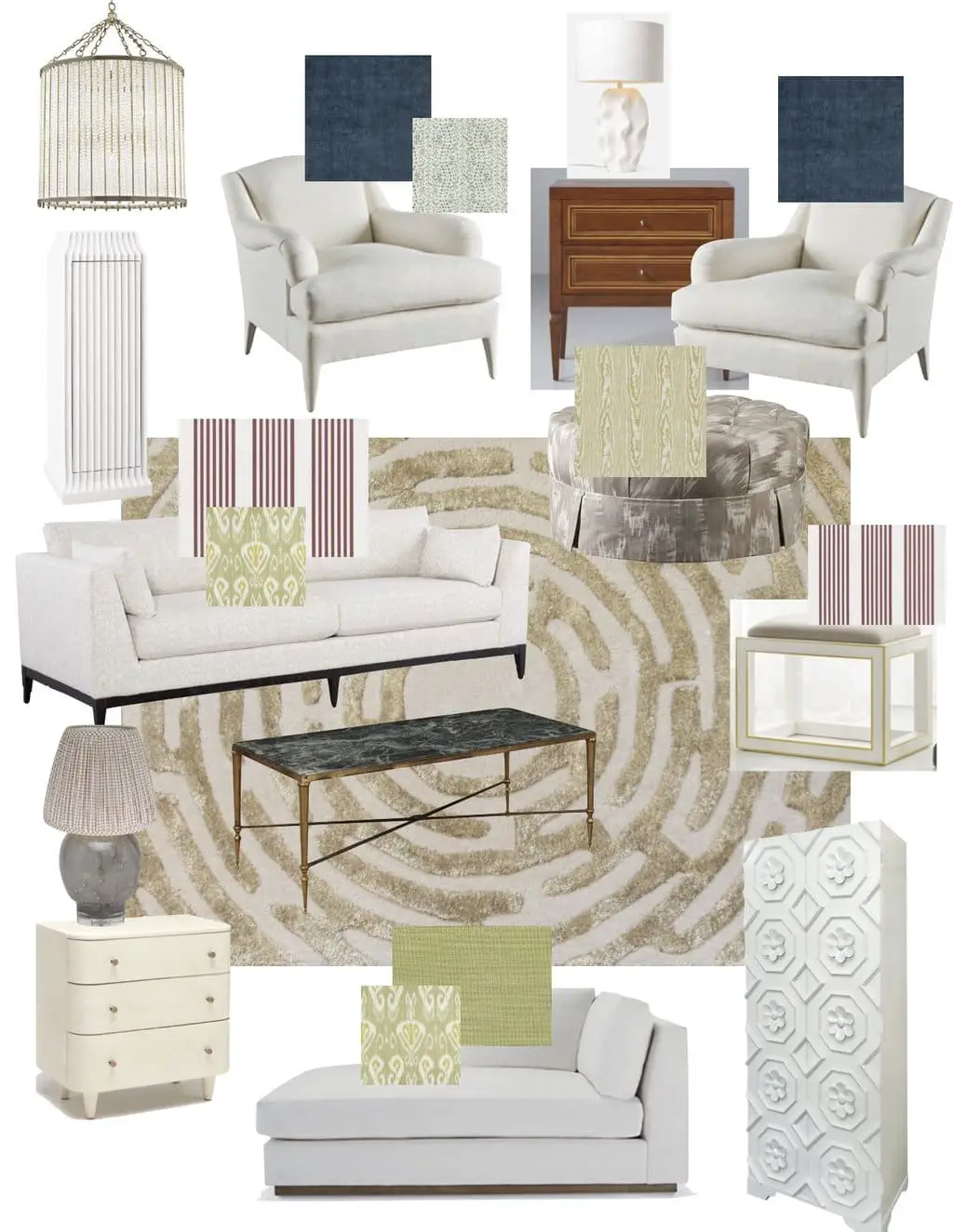 Living room design board for the One Room Challenge by Kevin O'Gara with mix of traditional and contemporary design, tufted rug, striped sofa, and velvet chairs on Thou Swell