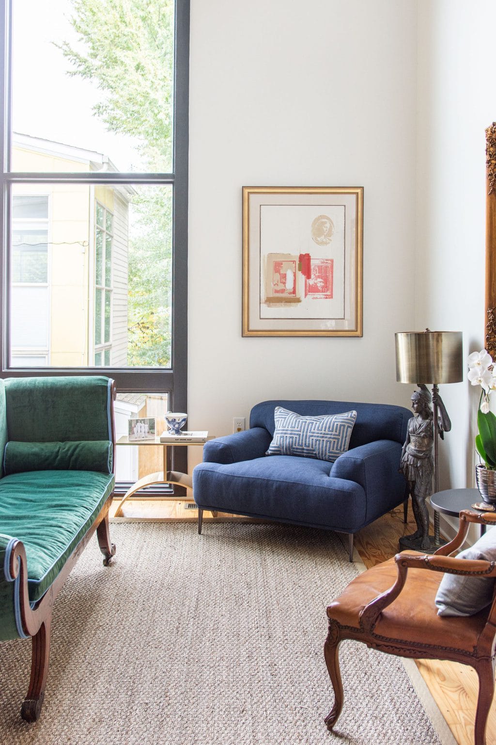 Modern living room design with blue sofa and armchair from Article, Abisko sofa and chair, navy blue sofa, townhouse design ideas by Kevin O'Gara on Thou Swell #article #myarticle #abiskosofa #bluesofa #moderndesign #livingroom #livingroomdesign #homedecor #homedecorideas