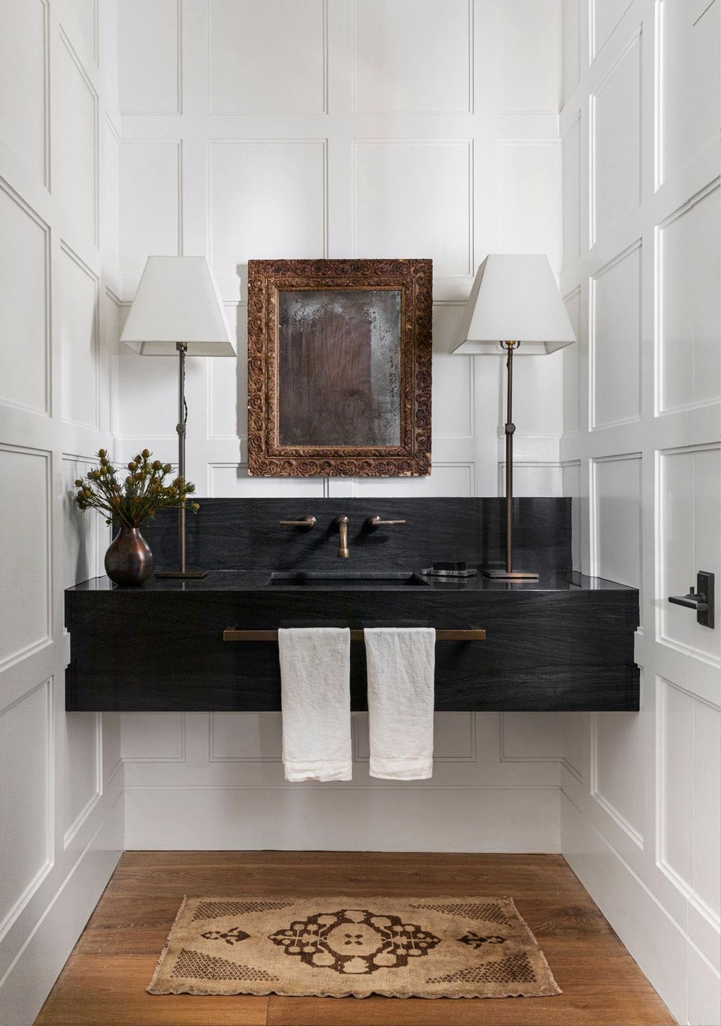 Houston home tour full of warm textures by Marie Flanigan, modern Houston house, powder room design on Thou Swell #powderroom #bathroom #bathroomdesign #powderroomdesign #homedesign #homedecor