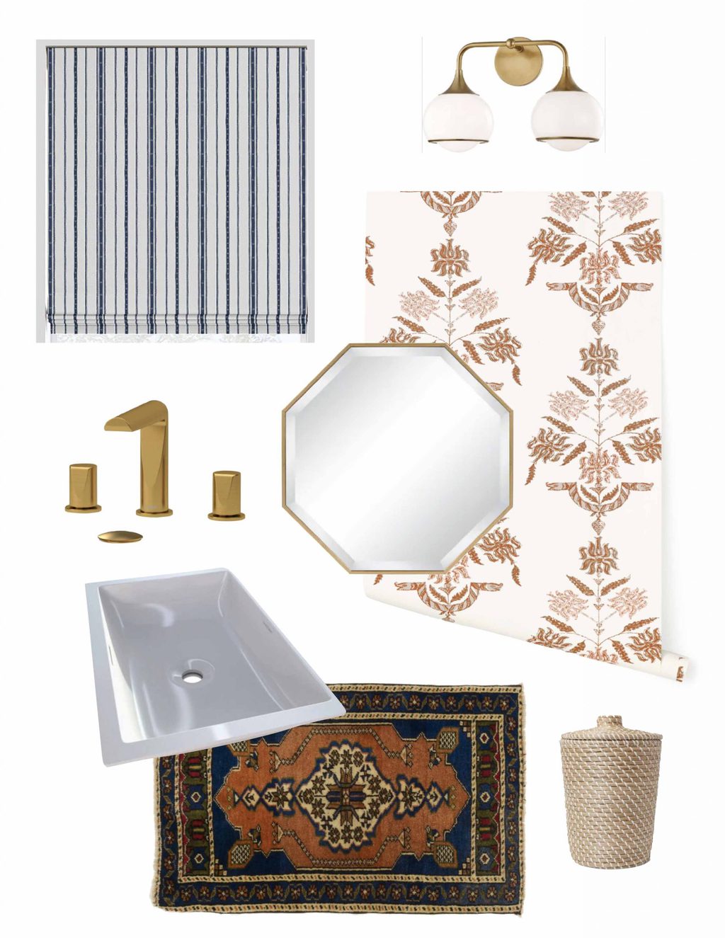 WILLIAMS PROJECT: POWDER BATHROOM DESIGN BOARD WITH HOUSE OF ROHL 10 Powder bathroom design board with gold Riobel Parabola faucet, coral wallpaper, Victoria+Albert sink, and blue and white roman shade on Thou Swell #powderroom #powderbathroom #powderbath #bathroom #bathroomdesign #bathroomdecor #bathroomideas #renovation