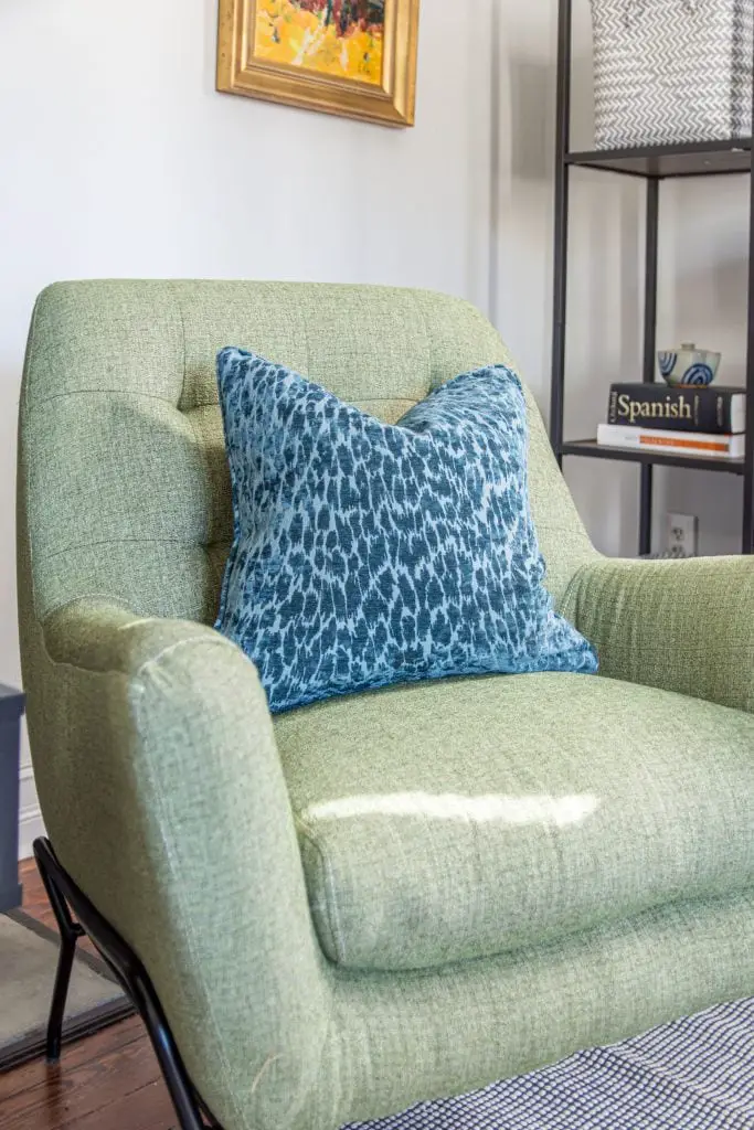 Home office makeover with the Queer Eye furniture line at Walmart, blue curtains, mid-century modern design, green armchairs, and charging desks by Kevin O'Gara on Thou Swell #queereye #queereyefurniture #office #homeoffice #homeofficedesign #homeofficemakeover #makeover #homemakeover #homedecor #homedecorideas #officedecor