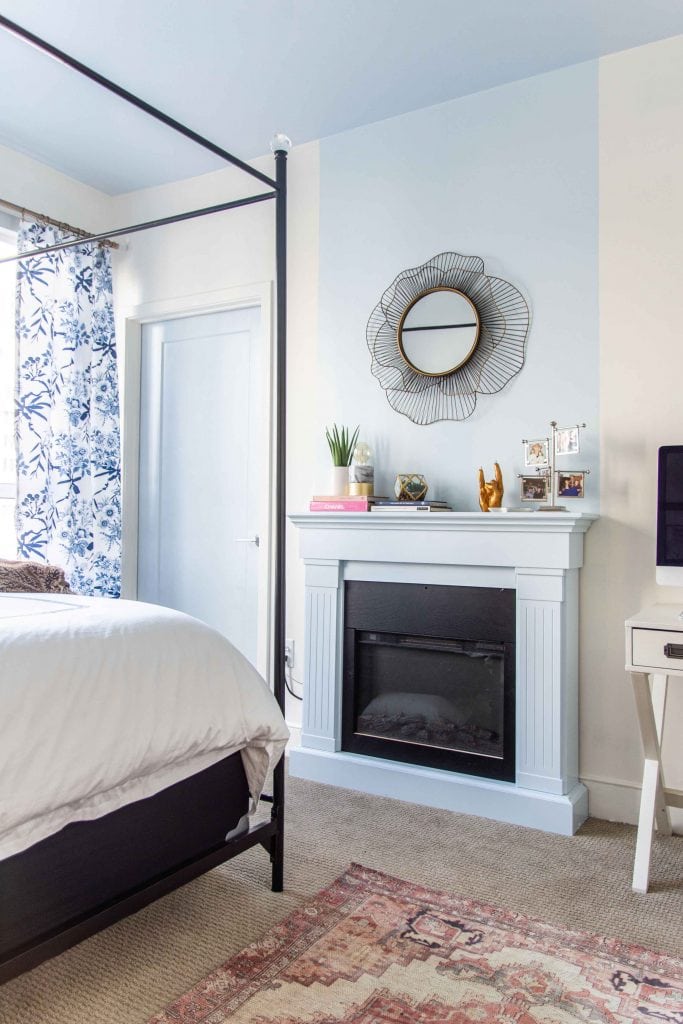 Behr Waterfall serene light blue wall color and blue ceiling paint in a bedroom by Kevin O'Gara #blueceiling #bluepaint #waterfall #lightblue #blueandwhite #bedroom #bedroomdesign #interiordesign #homedecorideas