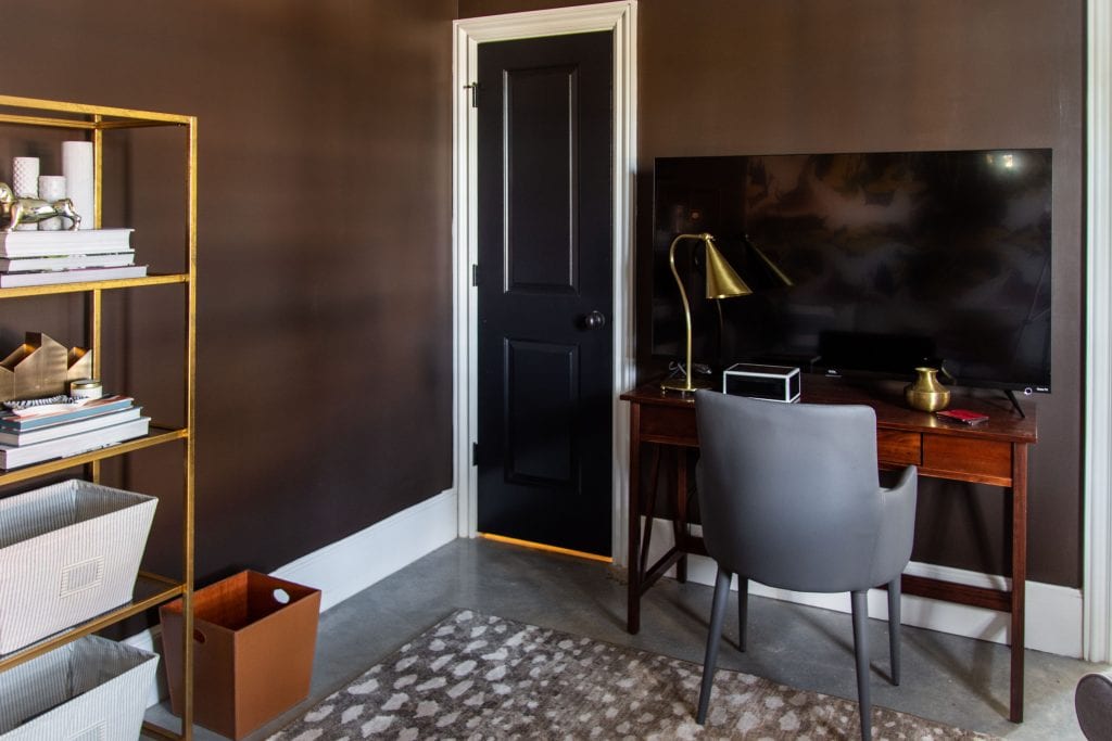 Behr Dark Truffle, best chocolate brown wall paint color, dark brown walls in living room study design by Kevin O'Gara #brown #brownpaint #brownwalls #darkbrown #darktruffle #behrpaint #chocolatebrown #paintcolors #paintideas #painting #wallcolors