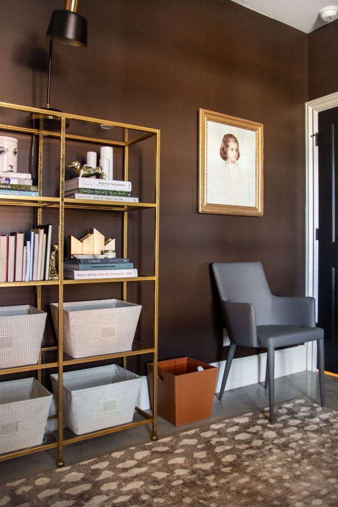 Behr Dark Truffle, best chocolate brown wall paint color, dark brown walls in living room study design by Kevin O'Gara #brown #brownpaint #brownwalls #darkbrown #darktruffle #behrpaint #chocolatebrown #paintcolors #paintideas #painting #wallcolors