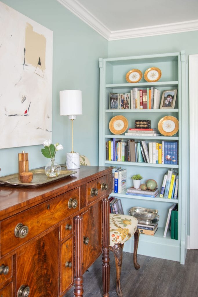 Clare Headspace, one of the prettiest light blue-green paint colors, airy blue dining room design by Kevin O'Gara #diningroom #paintcolors #blueroom #bluepaint #greenpaint #diningroomdesign #interiordesign #homedecorideas #homedecor