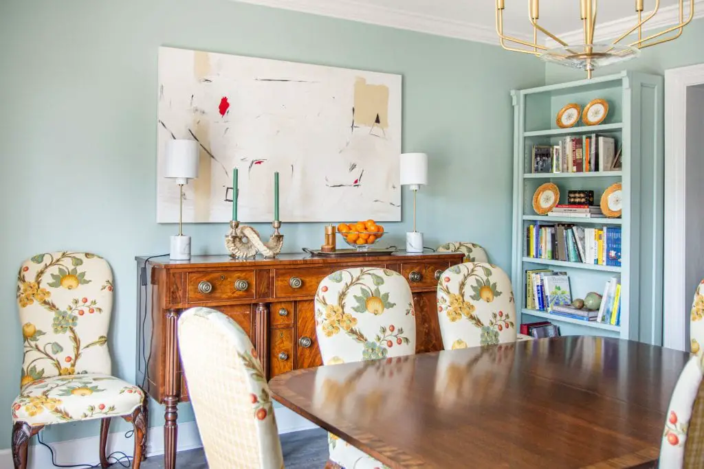 Clare Headspace, one of the prettiest light blue-green paint colors, airy blue dining room design by Kevin O'Gara #diningroom #paintcolors #blueroom #bluepaint #greenpaint #diningroomdesign #interiordesign #homedecorideas #homedecor